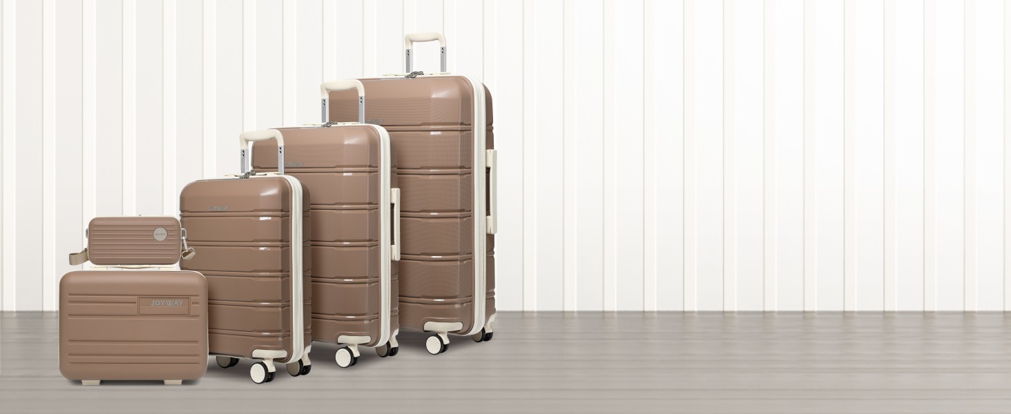 Набір валіз Joyway 3 в 1 з жорстким корпусом, 4 колеса, TSA-замок, косметичка та сумка, коричнево-білий, ручна поклажа