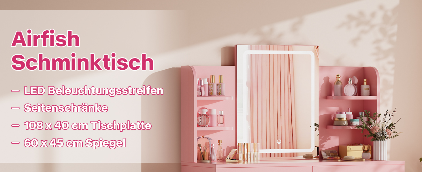 Трюмо Airfish з підсвічуванням 108x40 см: туалетний столик з дзеркалом, полицями, 2 шухлядами, регульоване освітлення, для спальні/вітальні (білий/рожевий)