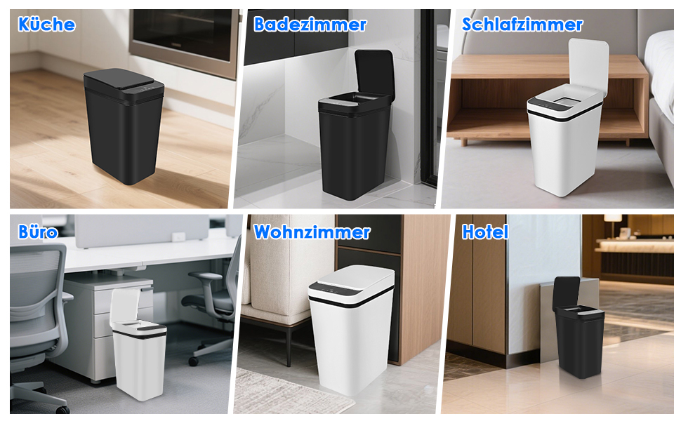 Набір з 2 відер для сміття з сенсором, 12л, автоматичний відкривання кришки, 3 режими роботи, тихе, водонепроникне, інтелектуальне відро для сміття, для кухні, офісу, вітальні, ванної кімнати (Чорний+Білий)