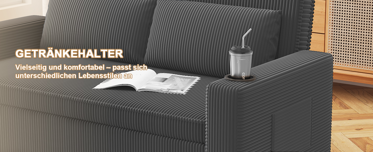 Диван-ліжко JUMMICO 2-місний розкладний сірий з подушками та підсклянниками для вітальні та спальні 75x160x93 см