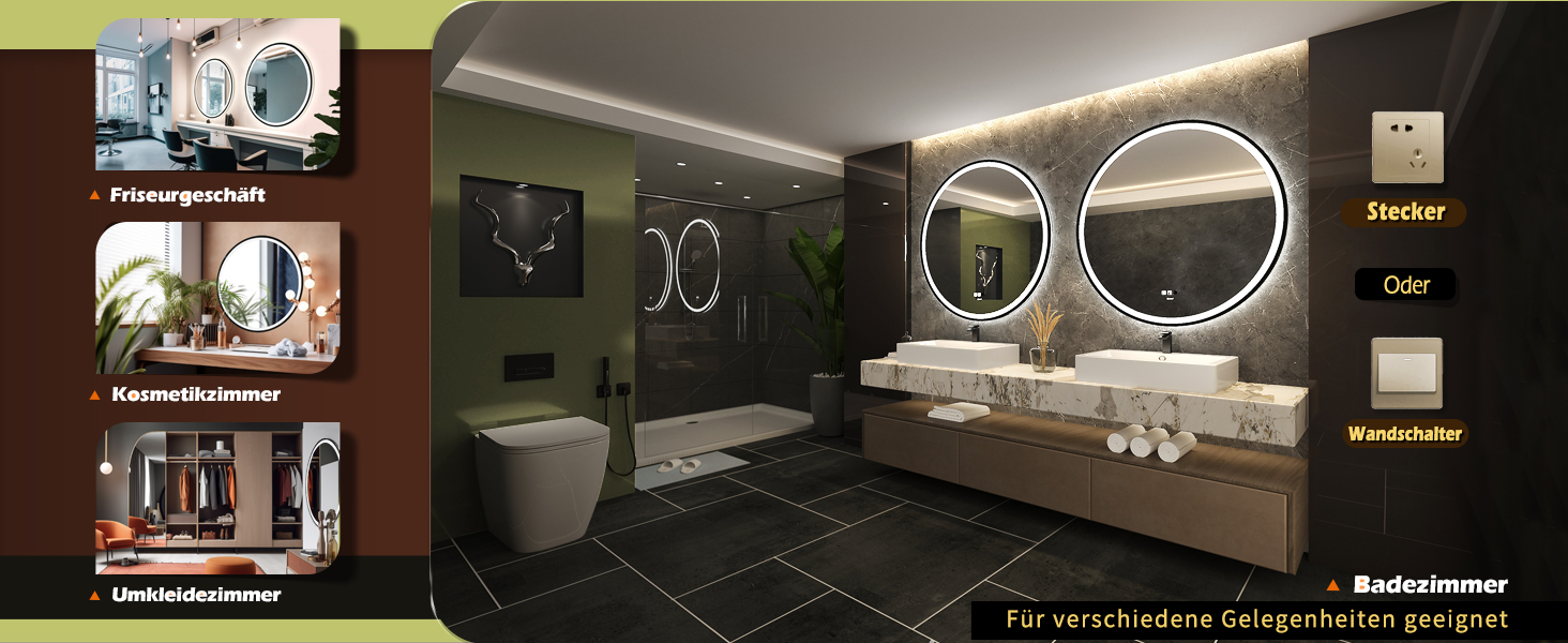 Дзеркало з LED сенсором, кругле, з індукційним датчиком руху, для макіяжу, з підсвічуванням, регульоване освітлення, антизапарник, водонепроникне (IP44), для ванної кімнати, настінне, діаметр 70 см