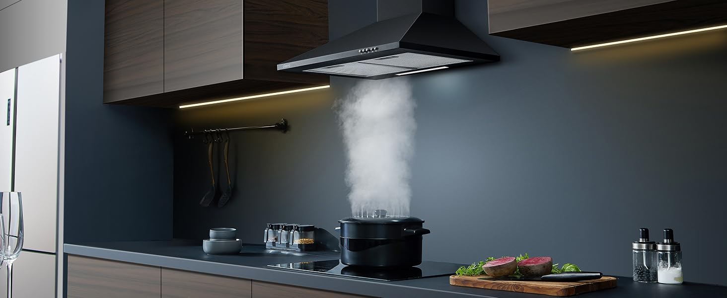 Витяжка кухонна CIARRA CBCB6201 чорна, пірамідальна, 60 см, 404 м³/год, A++, LED-підсвітка, з вугільним фільтром CBCF002X2, режим рециркуляції та відведення