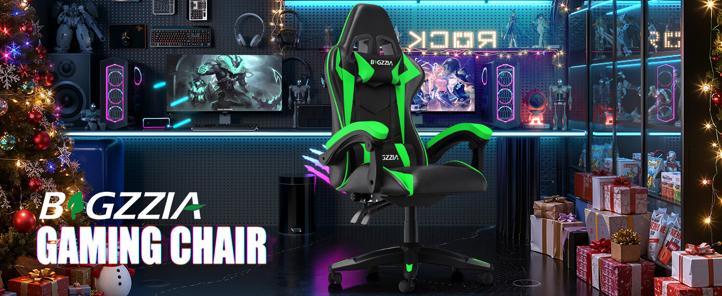Ігровий крісло Bigzzia - ергономічне комп'ютерне крісло для геймерів з підголівником, RGB підсвічуванням, для підлітків та дорослих (чорно-зелене, без LED)