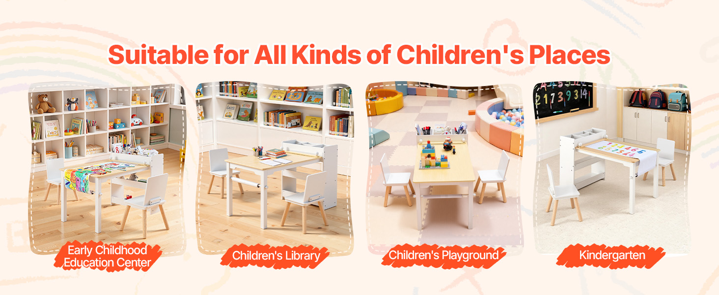 Дитячий стіл VEVOR з 2 стільцями та шафкою 3 ящики, набір для малювання, читання, письма, ігор, дитяча кімната, дитячий садок, білий + натуральне дерево, сучасний дизайн