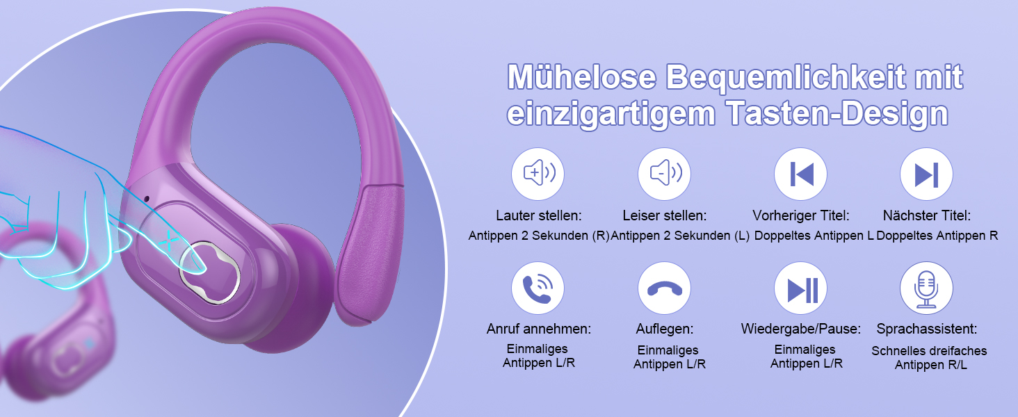 Спортивні навушники Aptkdoe Bluetooth 5.3, 75h HiFi у вухах, водонепроникність IPX7, з мікрофоном, вушними гачками, фіолетовий