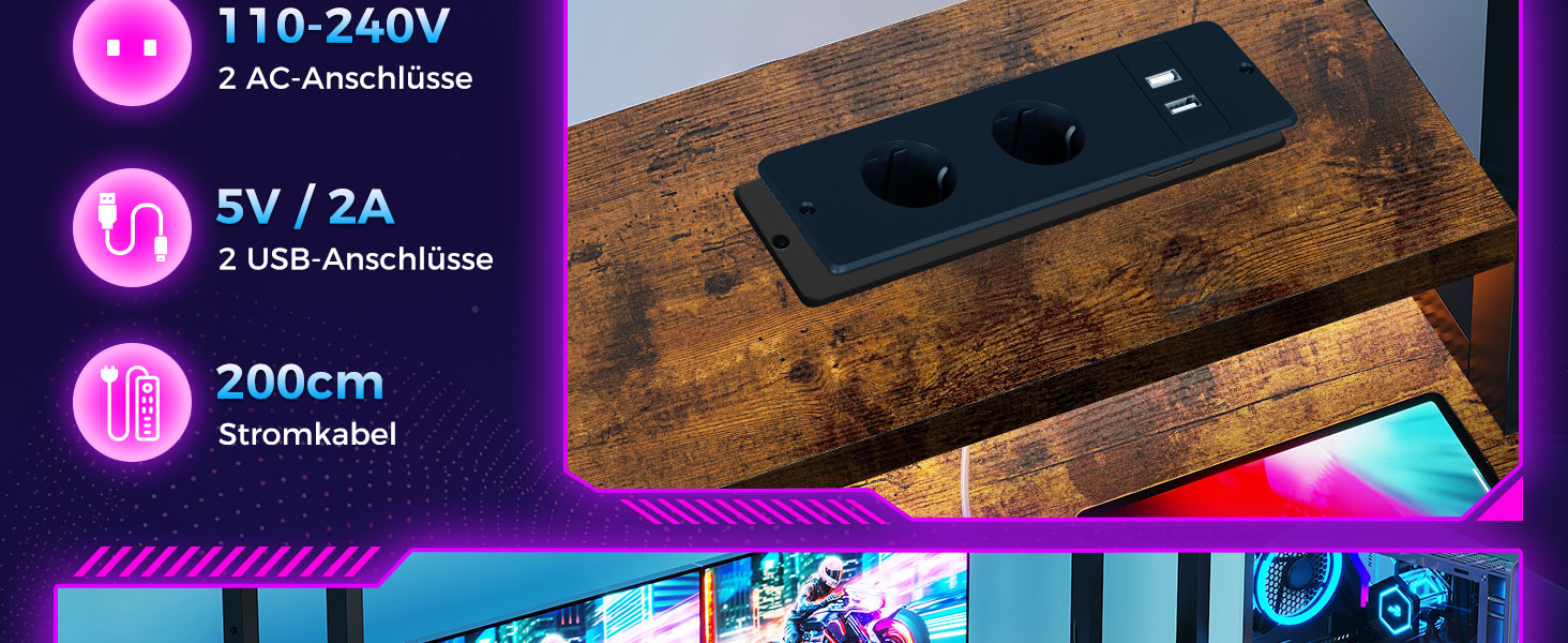 Ігровий стіл Coleshome з полицями та ящиками, 137x48 см. Стіл для геймінгу з LED-підсвічуванням та розеткою, комп'ютерний стіл з місцями для зберігання та підставкою для монітора (Коричневий)