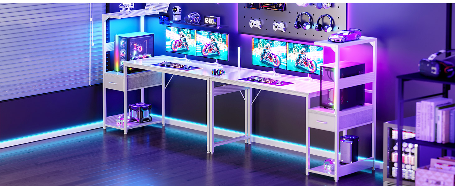 Ігровий стіл Coleshome з LED-підсвічуванням 120x48 см, з шухлядами та полицею, регульований, з тримачем для навушників
