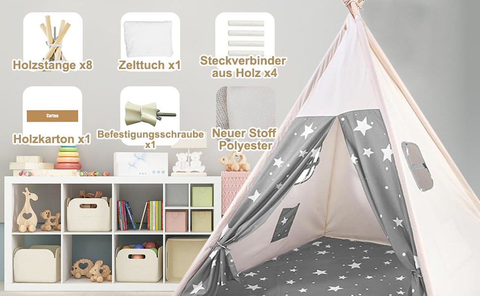 Дитяче намет-типі Camiraft сірого кольору, індійський намет-іграшка зі зірками для дітей, бавовняний намет для дівчаток та хлопчиків з сумкою, складаний дитячий домік для дому чи на вулицю