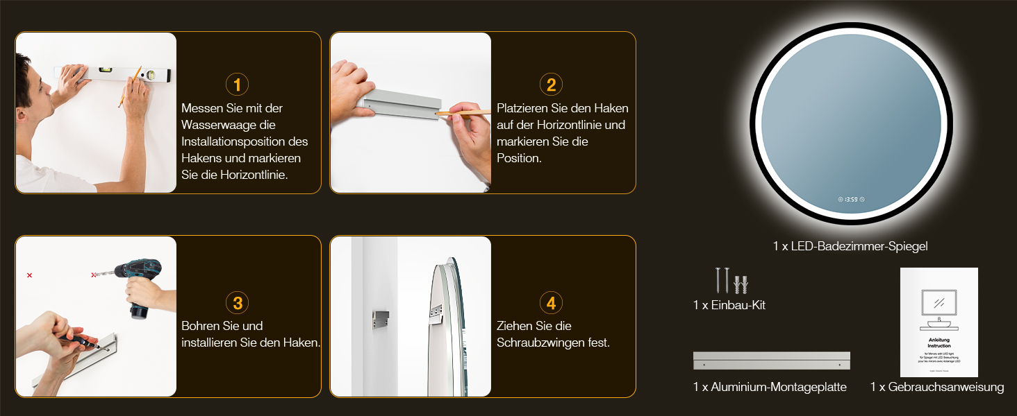 Дзеркало кругле PESENXAN 70 см з чорною рамою та підсвічуванням. Антизапарник, регульоване світло, LED, енергозберігаюче, сенсорне управління, функція пам'яті. 70 x 70 см