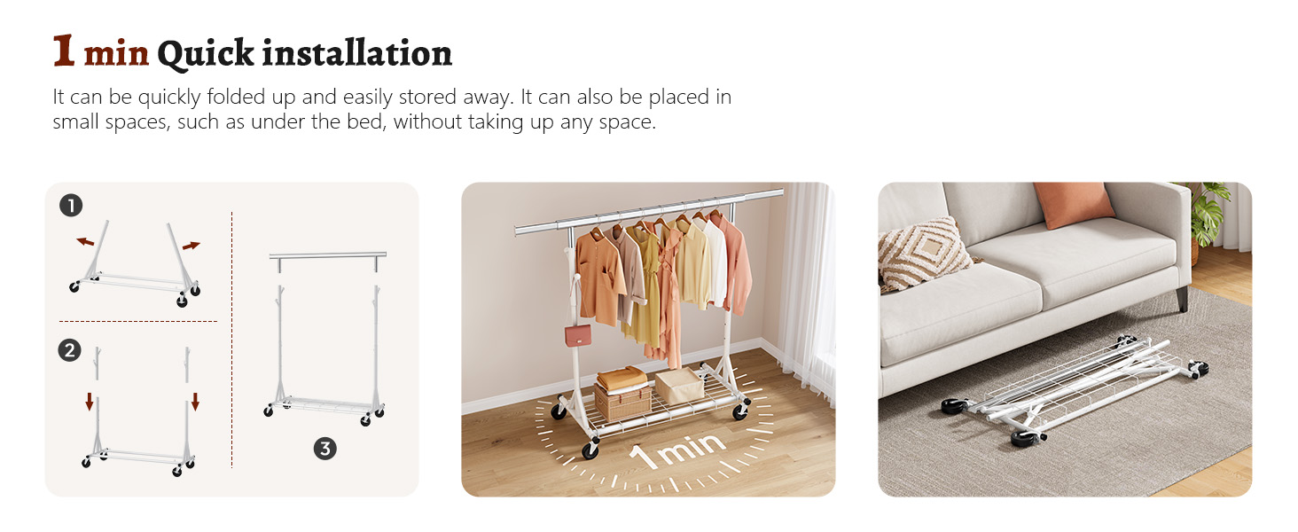 Стійка для одягу на колесах FAVOOOSTY, металева, мобільна, до 200 кг, швидка установка, білий колір, 1 перекладина