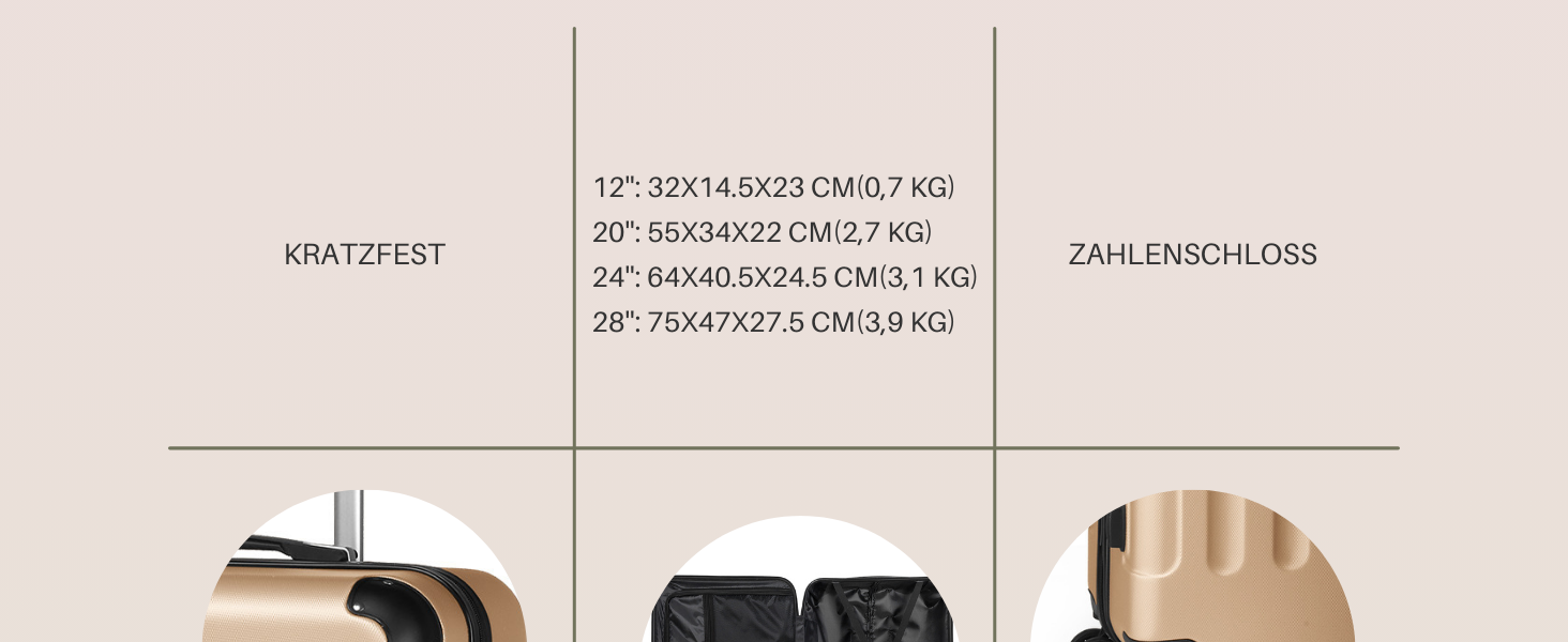 Набір валіз LALAHO 4 шт. з косметичками, з ABS пластику, золотий колір, для подорожей, ручна поклажа