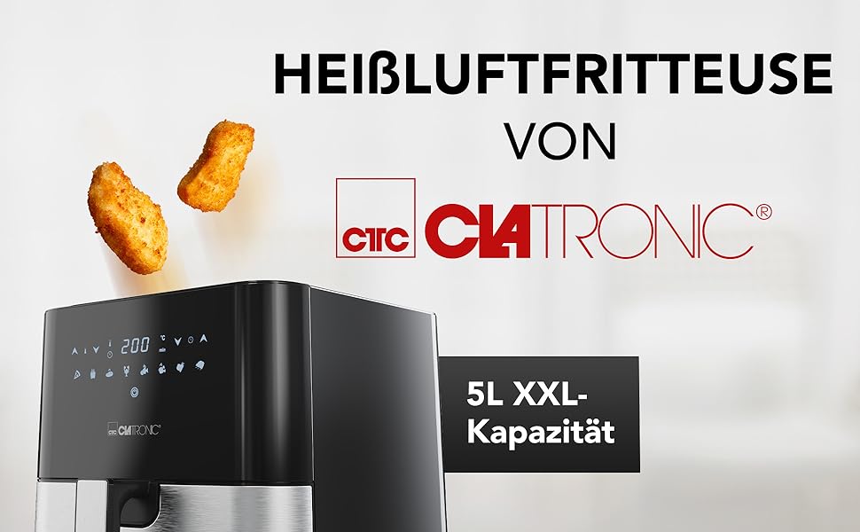 Аерофритюрниця Clatronic XXL-Фритюрниця 5 л Гаряче повітря для знежиреного смаження Мультипіч з нержавіючої сталі з цифровим сенсорним екраном Потік повітря на 360 Фритюрниця з 8 програмами FR 3782 H