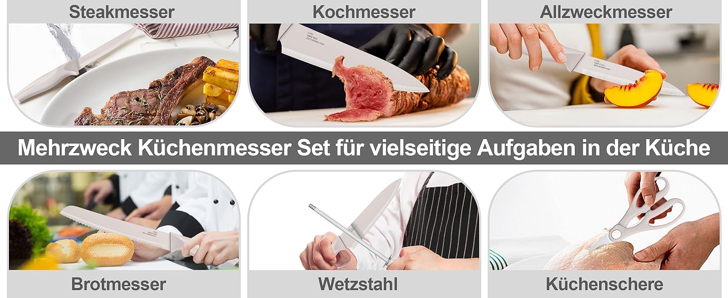 Набір кухонних ножів TEAMFAR з підставкою, 15 предметів, нержавіюча сталь, з точильним каменем, антипригарне покриття, для нарізки, подрібнення, колір хакі