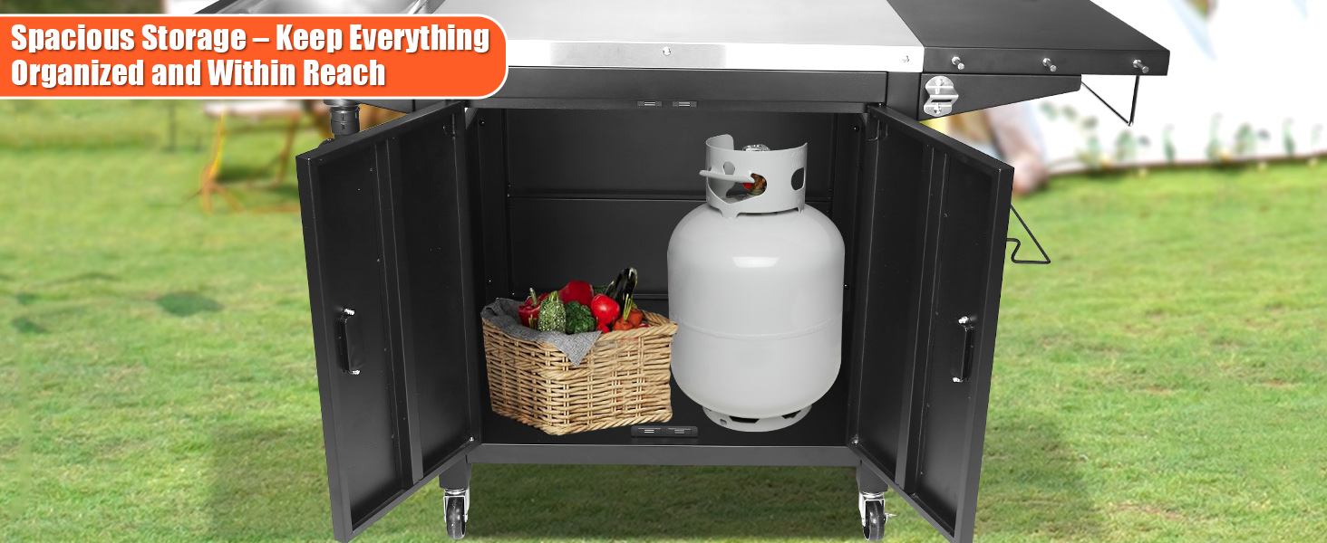 Гриль-вогн на колесах GFTIME: мобільний стіл для піци з нержавіючої сталі, кухонний острів з шафкою та полицями, 154 x 63 x 89 см