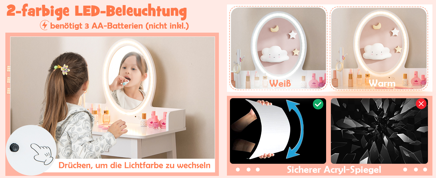 Дитячий туалетний столик DREAMADE з LED-дзеркалом та ніжками з бука, принцесовий туалетний столик з шухлядою та стійкою для прикрас, дитячий туалетний столик з пуфом для дівчаток (Рожевий)