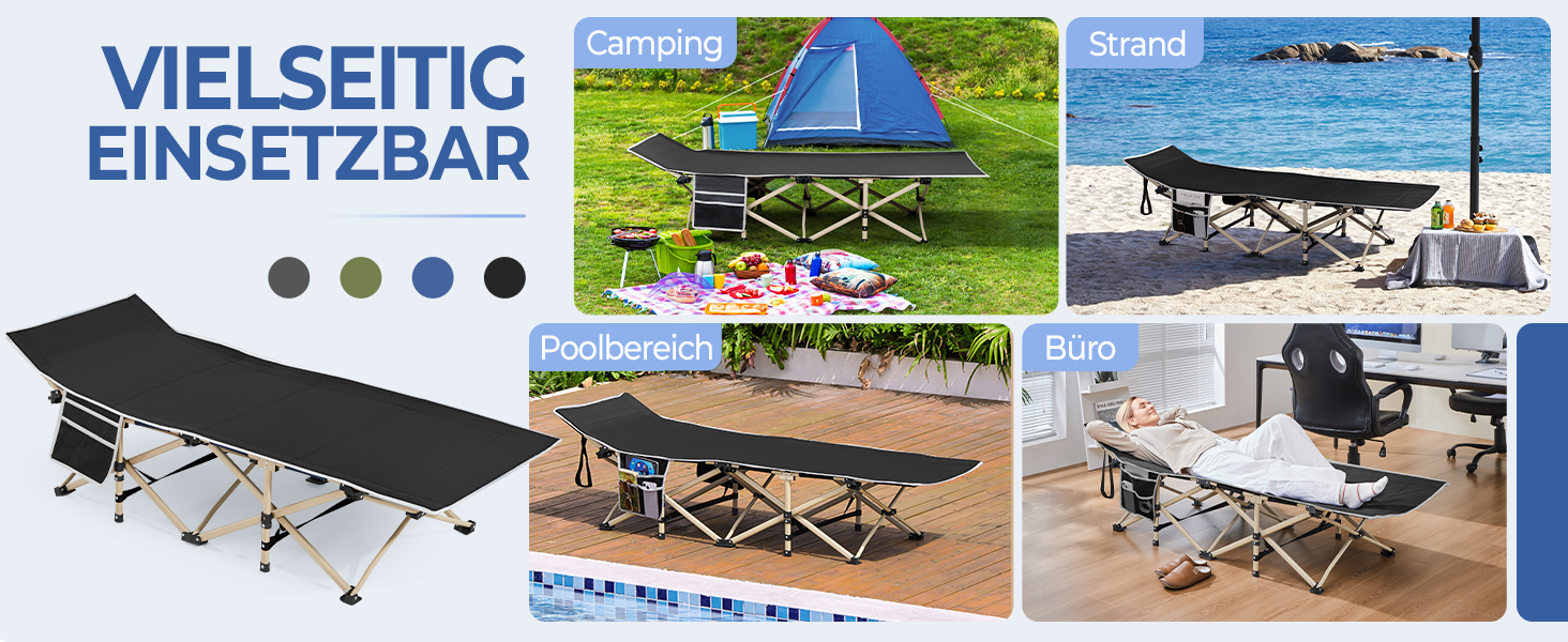 Розкладне ліжко для кемпінгу Yaheetech, похідна шезлонг-ліжка з кишенею та сумкою для транспортування, витримує до 150 кг, чорне
