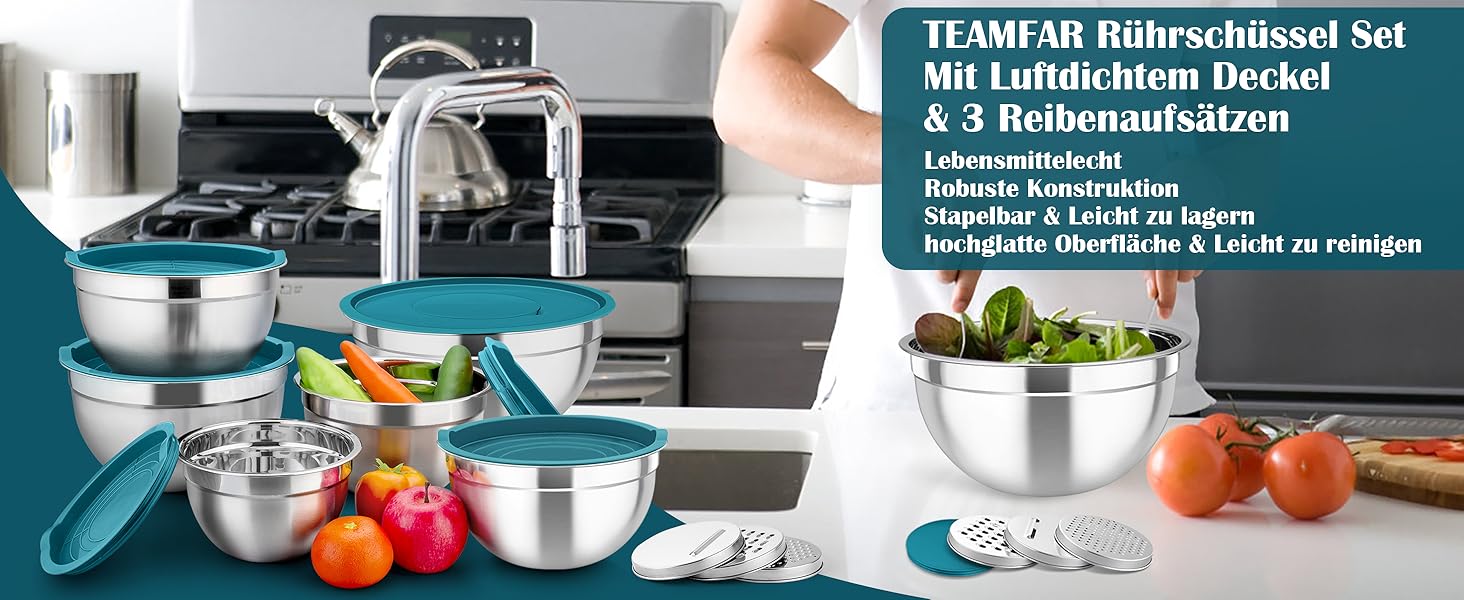 Набір салатниць TEAMFAR 6 шт. з нержавіючої сталі з кришками та силіконовим дном, 0,7L / 1,5L / 1,6L / 2,5L / 2,8L / 4,6L (блакитний)