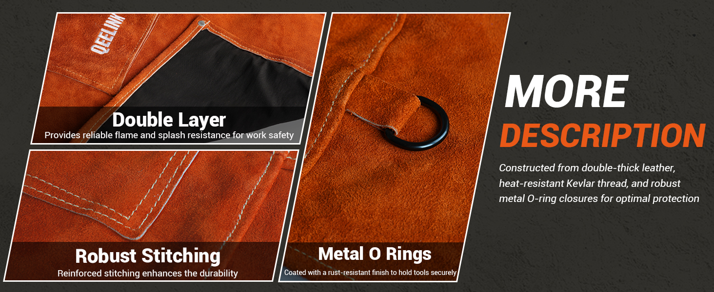 Швейний фартух QeeLink зі шкіри з рукавичками, 6 кишень, вогнестійкий та жаростійкий, коричневий