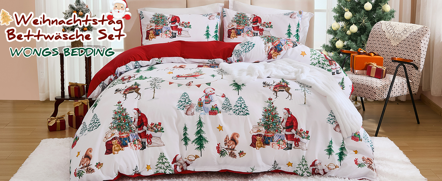 Комплект зимової постільної білизни WONGS BEDDING з новорічним принтом (Дід Мороз), мікрофібра, 2 предмети: підковдра 135x200 см та наволочка 80x80 см, білий