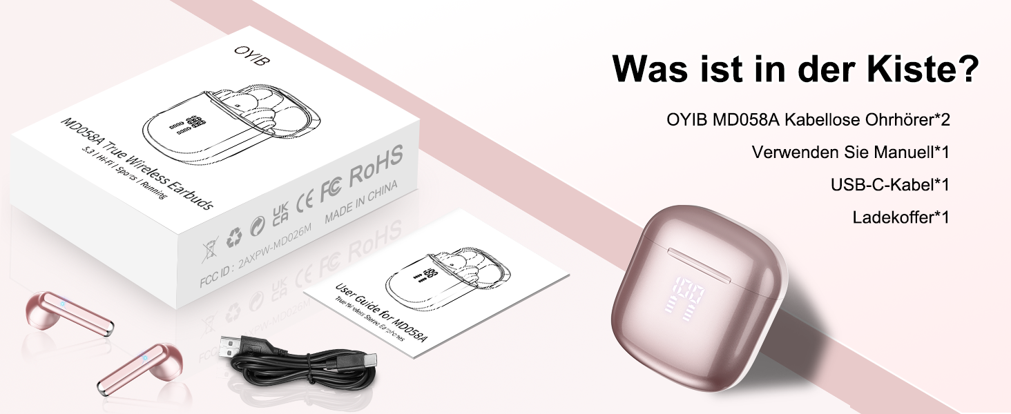 Навушники-вкладиші OYIB Bluetooth 5.3, мікрофон ENC, 25 годин, глибокі баси, сенсорні, IP7, світлодіодний, біг підтюпцем (рожевий)