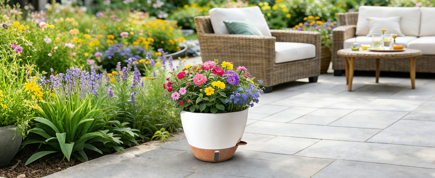 Набір 4 самополивні горщики для квітів T4U з індикатором рівня води, легкі у догляді, великі (25 см, білі)