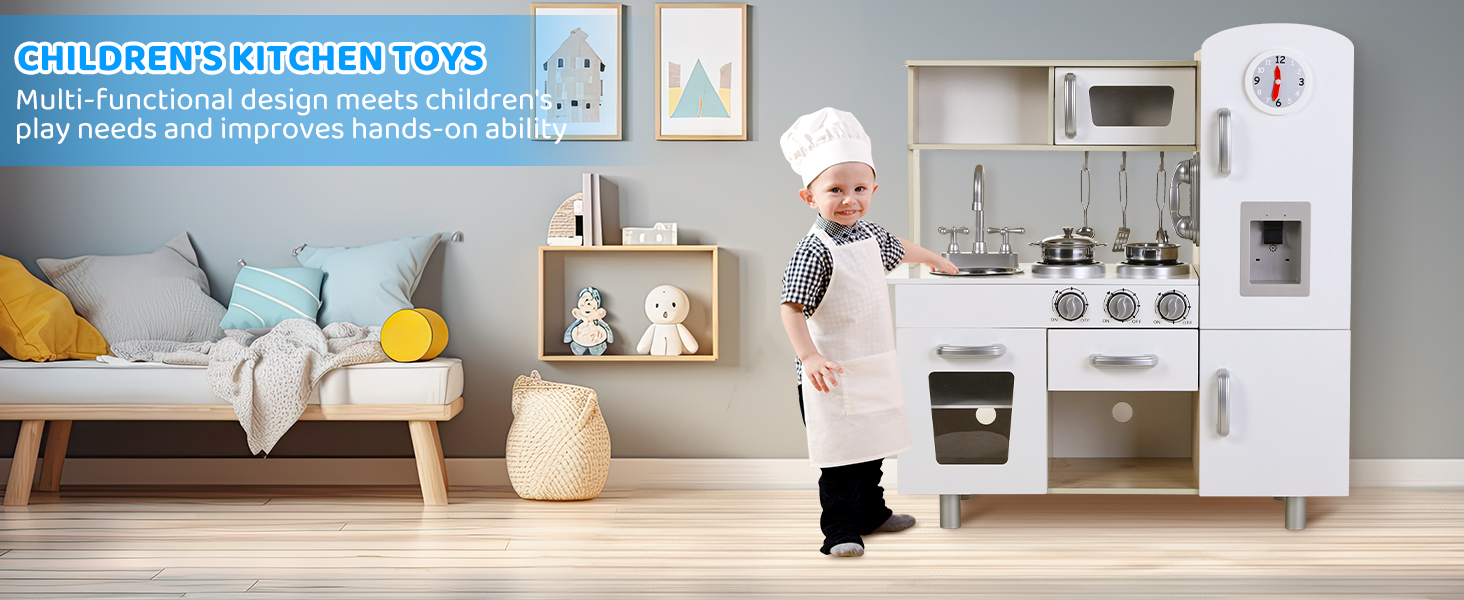 Дерев'яна дитяча кухня MAMIZO - іграшковий кухонний набір для дітей, 81x74x30 см, з підсвіткою та звуком, аксесуари, для дітей від 3 років, білий колір