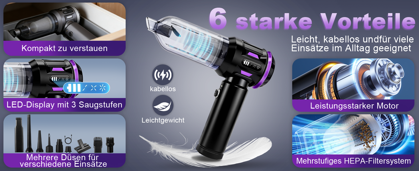 Акумуляторний ручний пилосмок Citybee 4 в 1, бездротовий міні-пилосмок для авто та дому, 25000Па, безщітковий двигун, 3 режими потужності, для шерсті тварин (Фіолетовий)