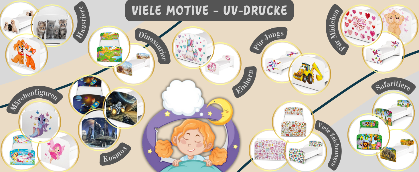 Дерев'яне ліжко Leomark Lovely Unicorn для дітей з матрацом, бортиками та ламелями, 70/140 см, з УФ-друком