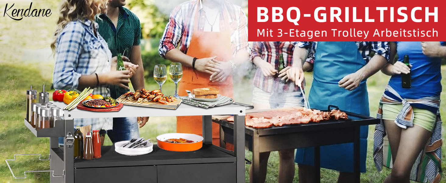 Набір для гриля з великою робочою поверхнею | Гриль-стіл, вуличний гриль-тролей, стіл з нержавіючої сталі для саду, срібно-чорний 112*59*82см