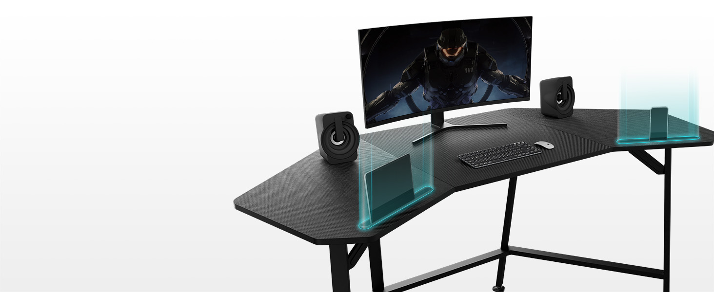 Ігровий стіл EUREKA ERGONOMIC 160x74 см - великий стіл у формі крила для ігор, ПК, дому, офісу, стрімінгу. 2 слоти для iPad. Чорний.