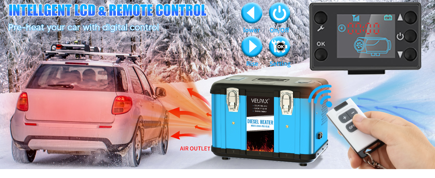 Автономний дизельний обігрівач VELPAX All in One 8кВт, 12V/24V/220V з Bluetooth, LCD-дисплеєм та пультом керування для кемпера, автобудинку та причепа