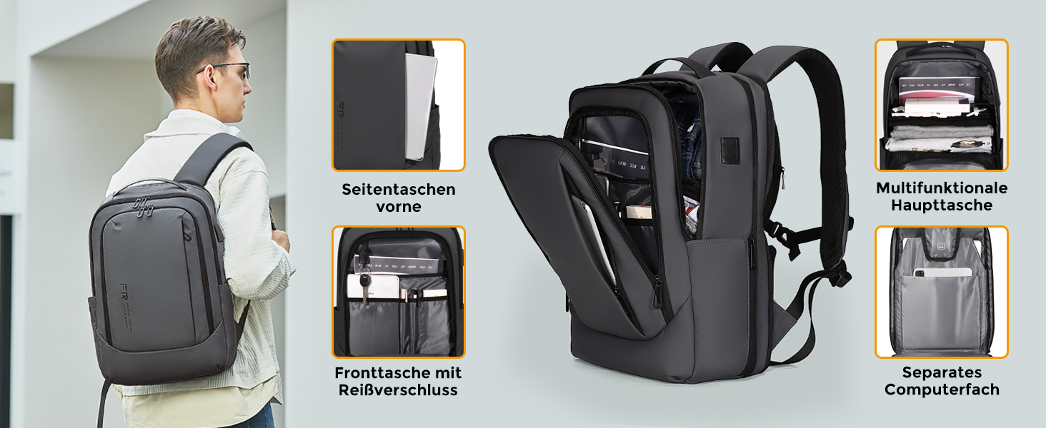 Рюкзак для ноутбука FENRUIEN 26L-38L, бізнес, 15.6 дюймів, USB-порт для зарядки, чорний