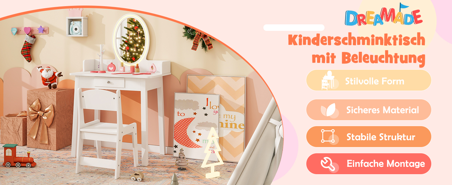 Дитячий туалетний столик DREAMADE з LED-дзеркалом та ніжками з бука, принцесовий туалетний столик з шухлядою та стійкою для прикрас, дитячий туалетний столик з пуфом для дівчаток (Рожевий)