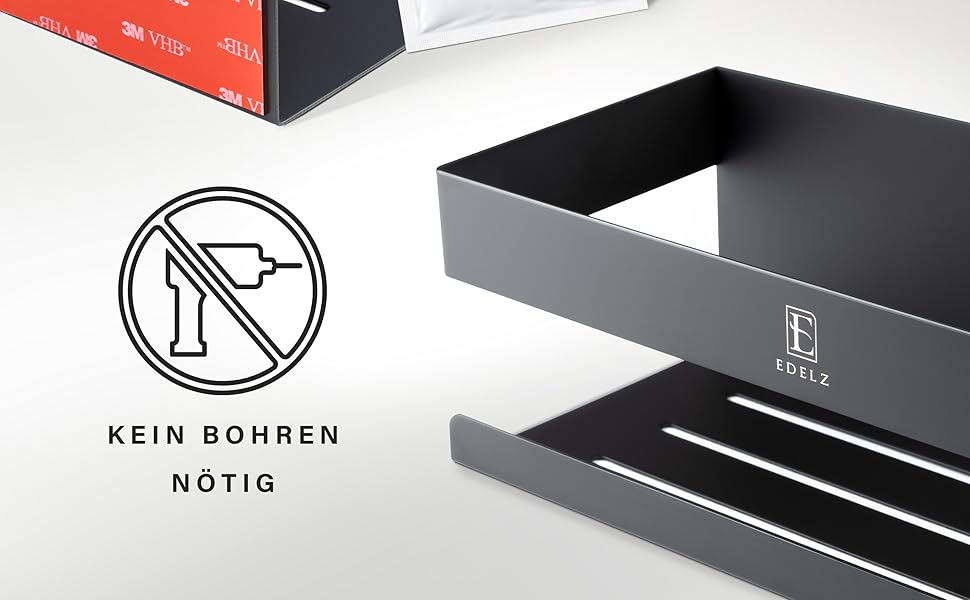 Поличка для душу Bad Duschablage без свердління - тримач для шампуню з нержавіючої сталі з оригінальними клейкими панелями 3M, 2 рухомі гачки, додатковий тримач для бритви (Чорний нержавіюча сталь)