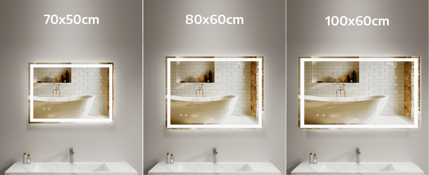 Дзеркало для ванної кімнати з підсвіткою 80x60 см, LED дзеркало з 3 кольорами світла, регульована яскравість, захисне скло, сенсорне управління, функція пам'яті, запобігання запотіванню, 60L x 80B cm