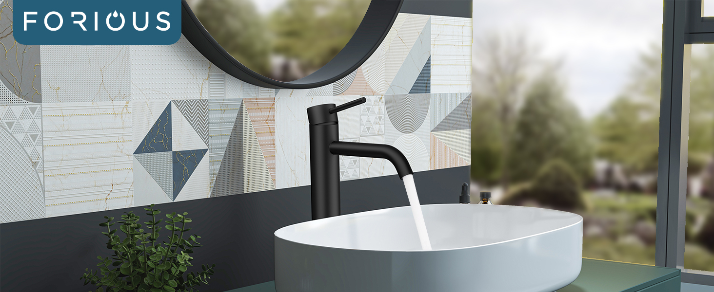Змішувач для ванної кімнати FORIOUS з набором для зливу, чорний матовий, висота виливу 190 мм, однорідний змішувач для раковини