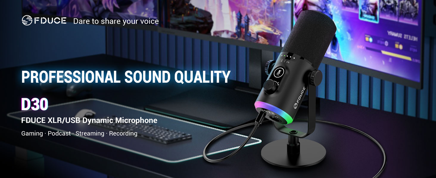 Ігровий мікрофон FDUCE з USB/XLR, RGB-підсвічуванням, для стрімінгу, запису подкастів та ігор, з регулятором гучності та навушниками, з кріпленням-павуком (D30)