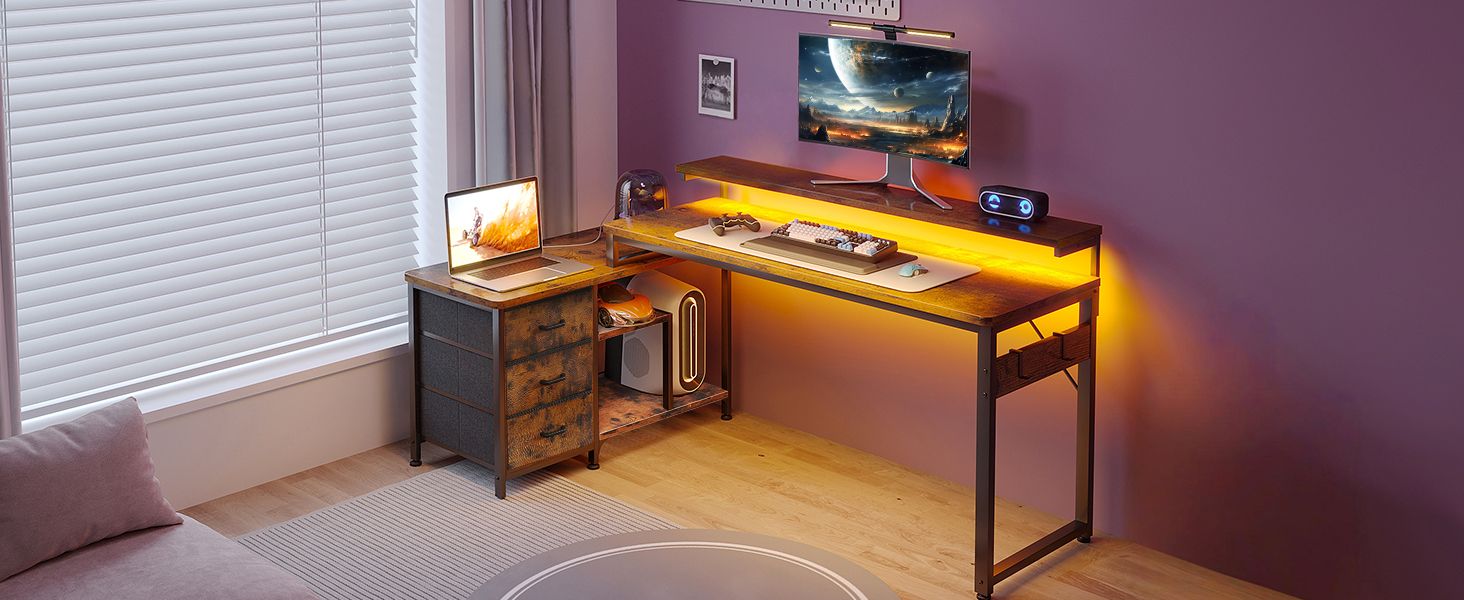 Кутовий стіл ODK з ящиками 174x100 см, з полицею, реверсивний, для геймінгу, офісу, дому, коричневий