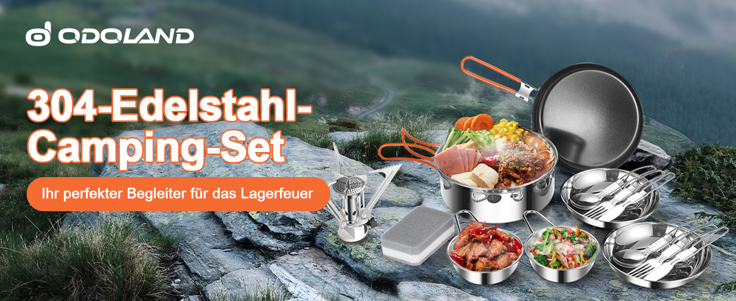 Набір посуду для кемпінгу Odoland: каструля, сковорода, тарілки, миски, виделки, ножі, ложки (10/15 шт.) з нержавіючої сталі з антипригарним покриттям та чохлом