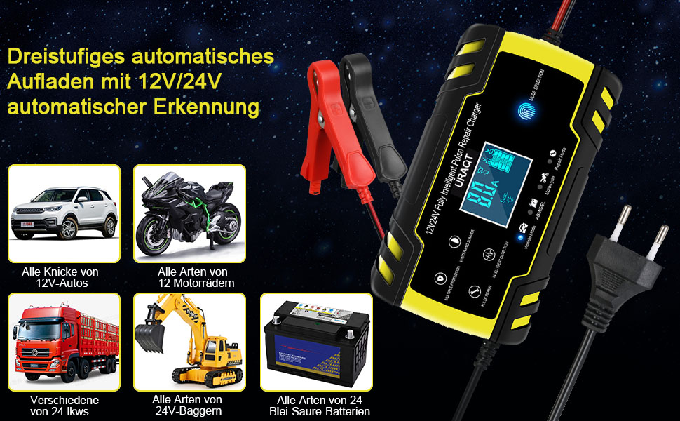 Зарядний пристрій для акумулятора URAQT 8A: 12V/24V, розумна автоматична зарядка для авто, LCD дисплей, режим ремонту, захист, для авто, вантажівок, газонокосарок, човнів