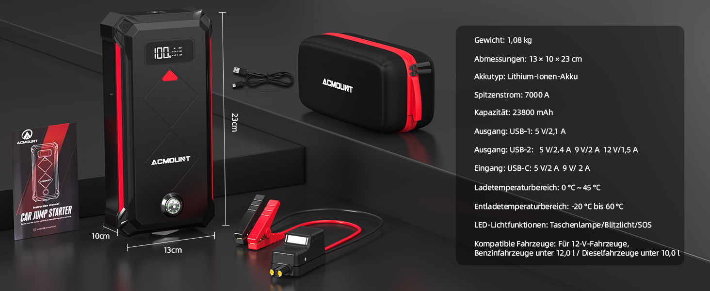Бустер-пусковий пристрій Acmount P110 7000A Jump Starter для авто, SUV, мотоциклів та газонокосарок (бензин до 12л, дизель до 10л) з LED-ліхтарем, компасом та аварійним молотком, червоний