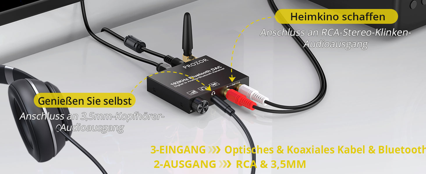 Аудіоадаптер ЦАП з Bluetooth приймачем PROZOR для стереосистеми, з Aux/RCA та регулюванням гучності