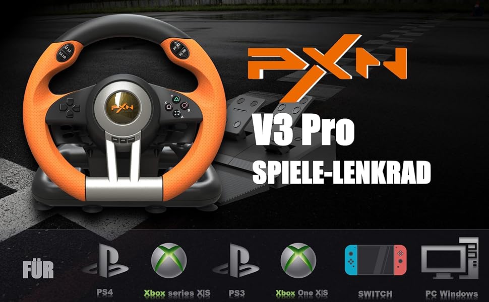 Ігровий кермо PXN V3 Pro з педалями, 180° поворот, вібрація, перемикачі на кермі та педалях - для PC, PS4, PS3, Xbox, Nintendo Switch (Помаранчевий)