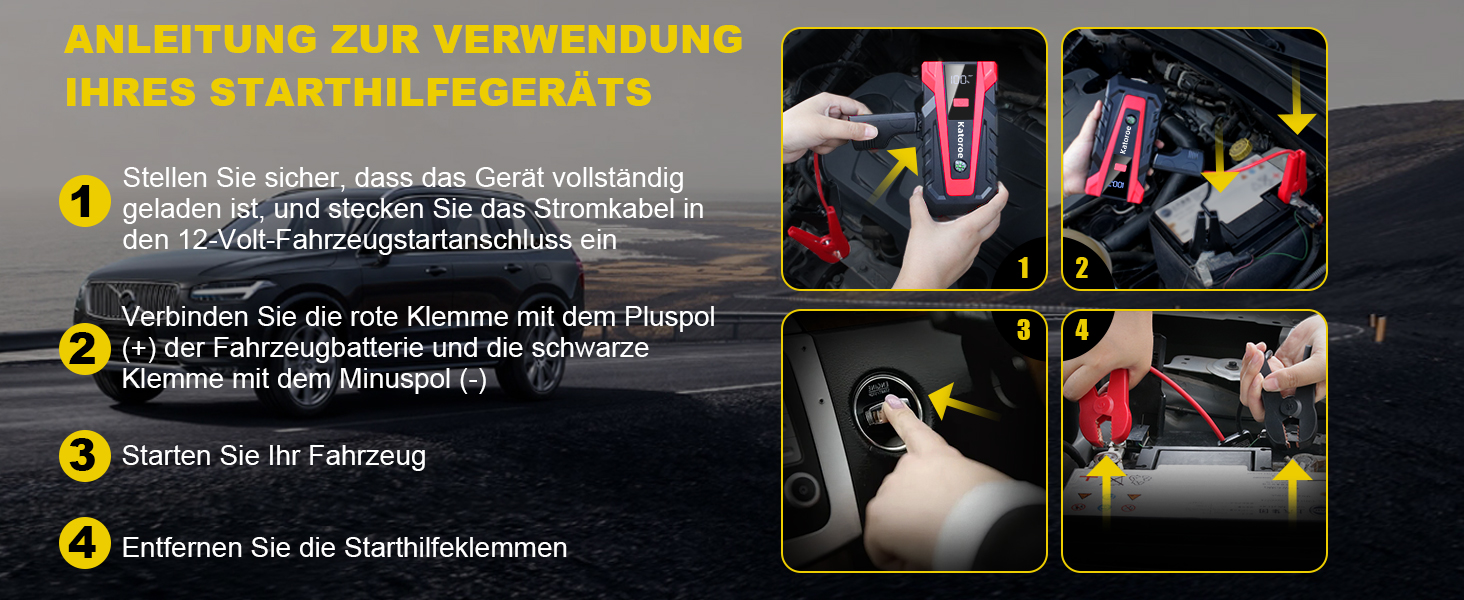 Powerbank Starthilfe 4000A: Зарядний пристрій для автомобіля, SUV та мотоцикла з LED ліхтариком. Підходить для бензинових двигунів до 9.0L та дизельних до 7.0L.