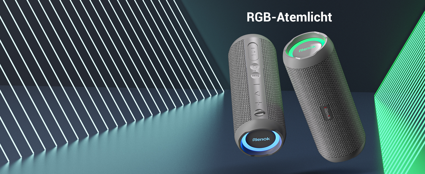 Портативна Bluetooth колонка RIENOK з підсвіткою, IPX7, 3600 mAh, баси, стерео звук (Сірий)