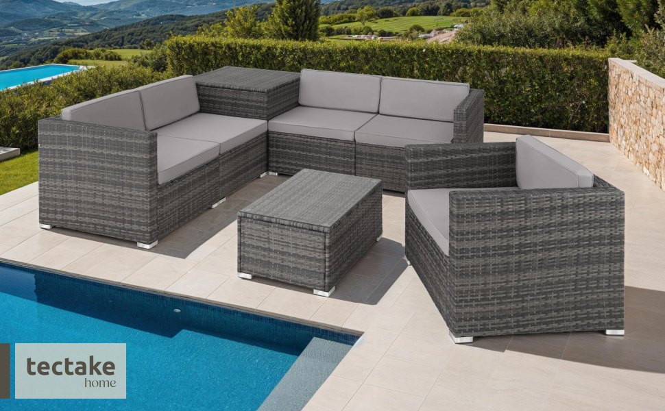 Набір садово-патіо меблів Tectake з коробкою для зберігання подушок, стіл зі скляною стільницею, сірий (403829)