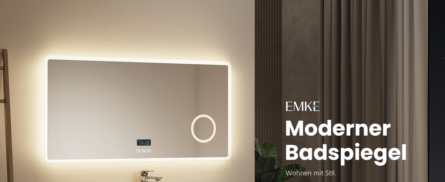 EMKE® LED дзеркало для ванної кімнати 80x60 см з підсвічуванням, регулюванням, годинником та Bluetooth, IP44, 3 кольори світла