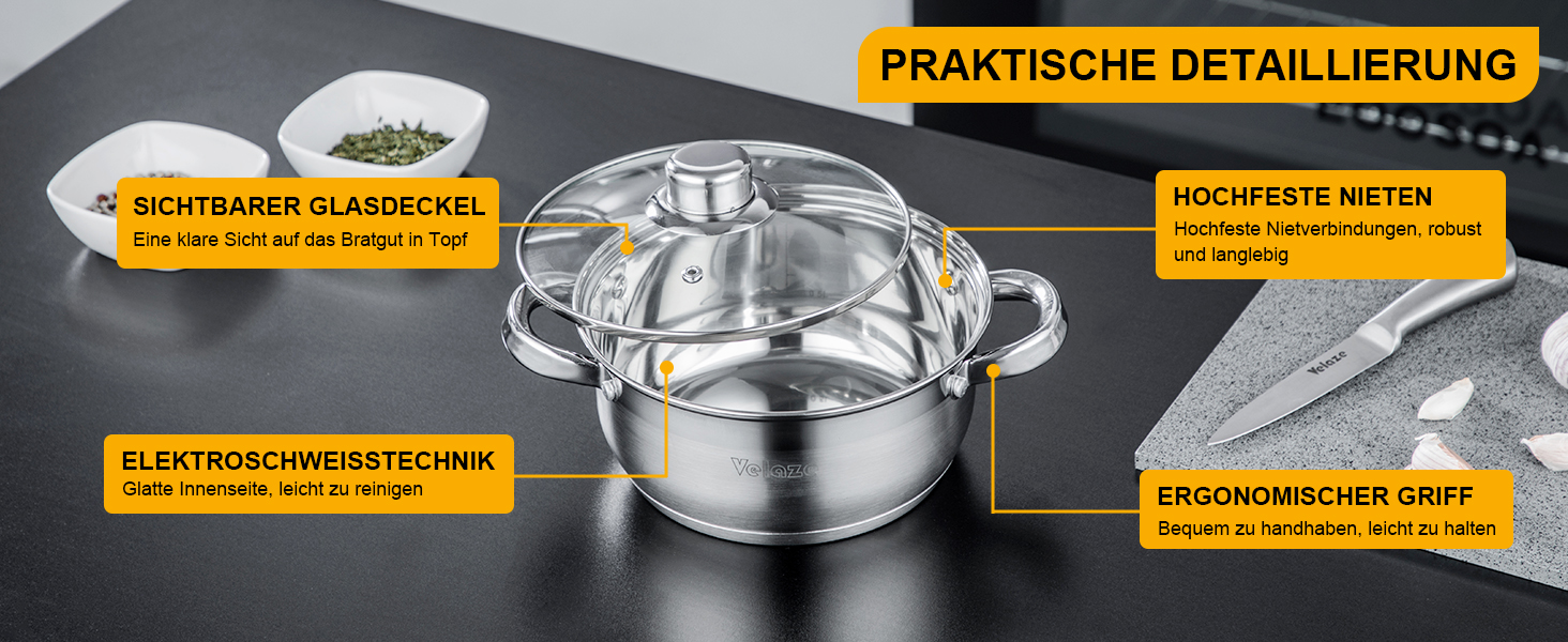 Набір каструль Velaze 7-ка з нержавіючої сталі, з кришками, індукційні, PFOA free, для всіх плит, сріблясті