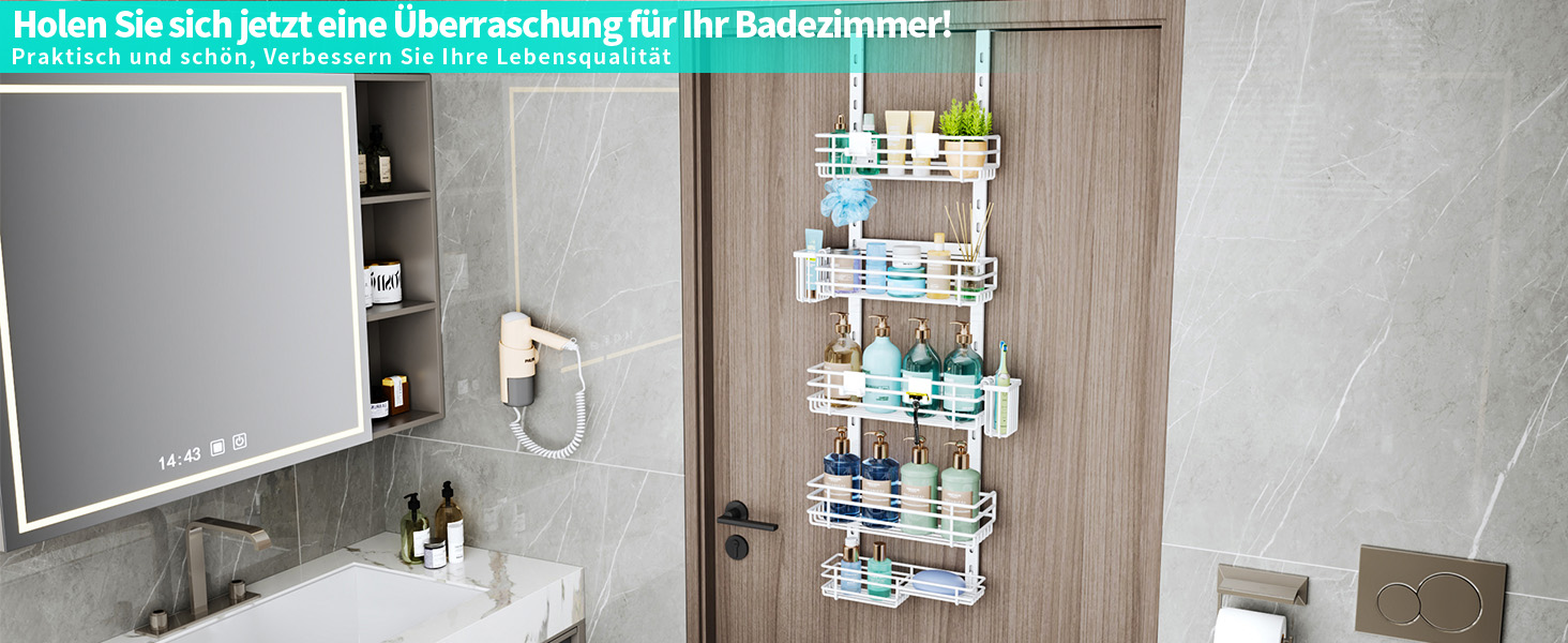 Настінна поличка для душу HapiRm з 22 гачками та 2 тримачами для зубних щіток, 5 ярусів (білий)