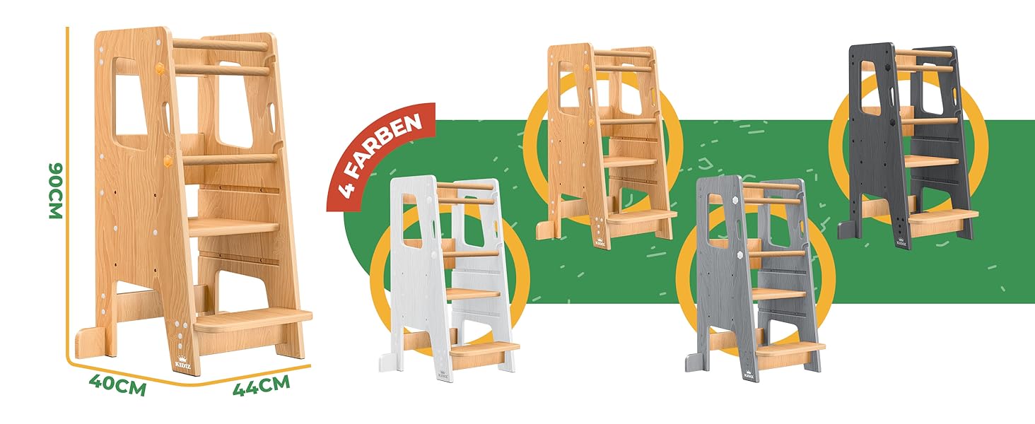 КІДІЗ® навчальний стільчик для дітей від 1 року | 3-ступеневий регульований по висоті | з навчальним годинником | дерев'яний (сосна) | розвиває моторику | Montessori Learning Tower | до 50 кг | антрацит & сосна